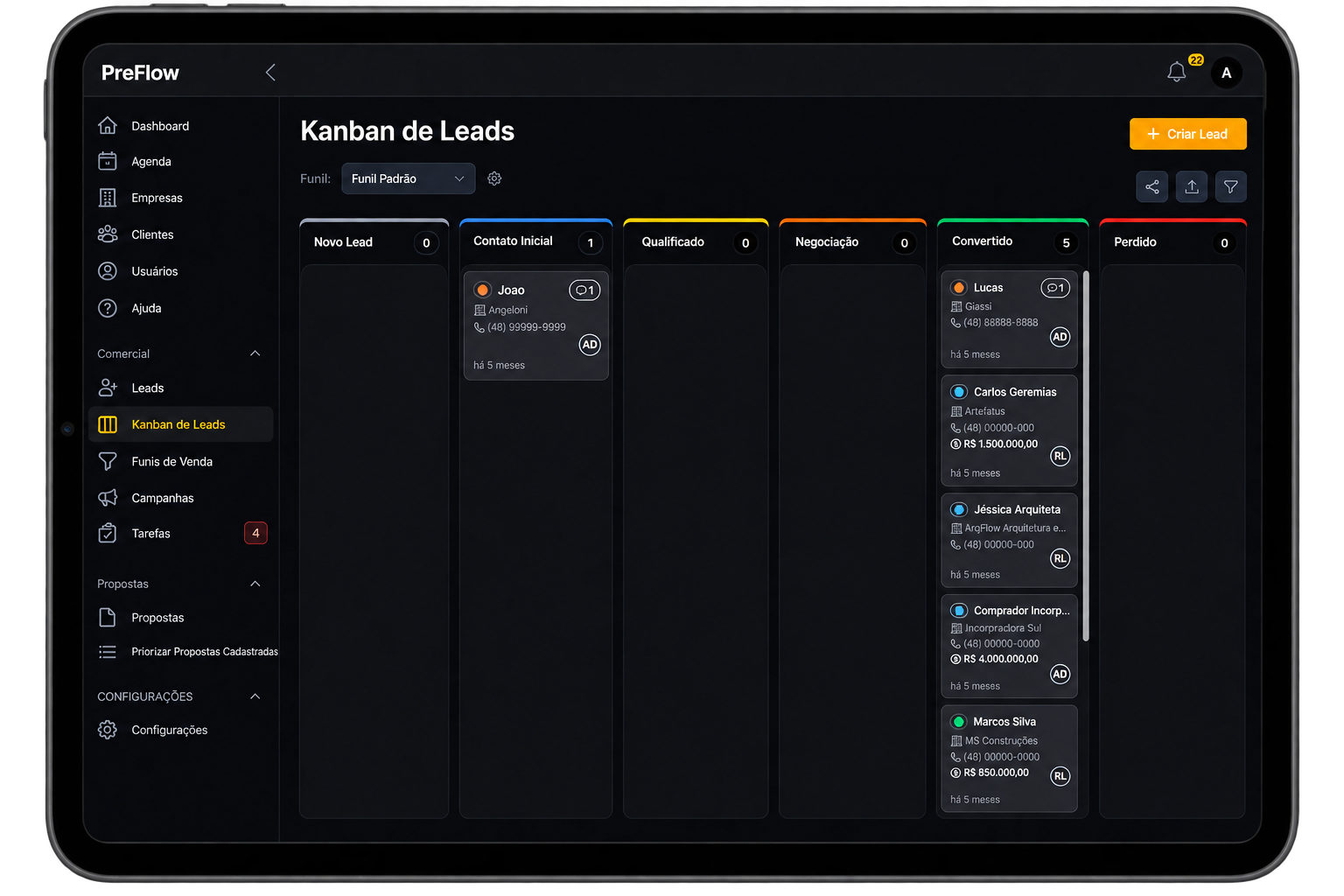 Tela de Kanban de Leads do Preflow